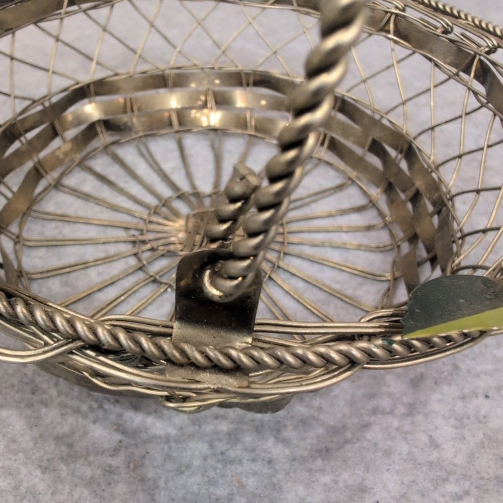 Vintage Silver Tone Woven Wire Basket with Enameled Flowers and Swing Handle - Picture 3 of 7